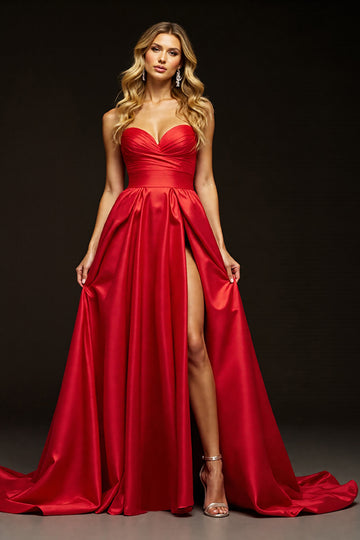 Red Sweetheart A Line Long Prom Dress With Slit